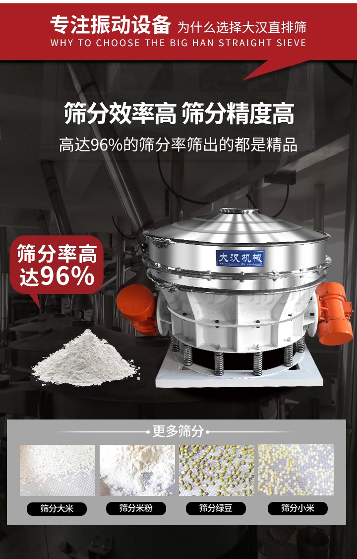 直排篩適用物料有面粉，淀粉，洗衣粉，金屬粉，添加劑，化工，非礦等行業(yè)。